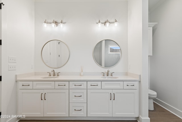 bathroom with vanity, hardwood / wood-style flooring, and toilet