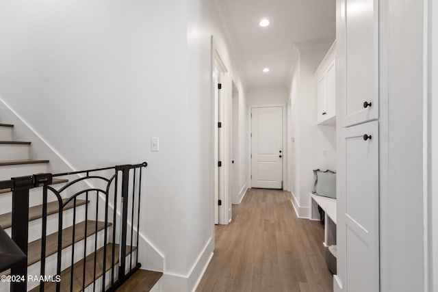 hall featuring crown molding and hardwood / wood-style flooring