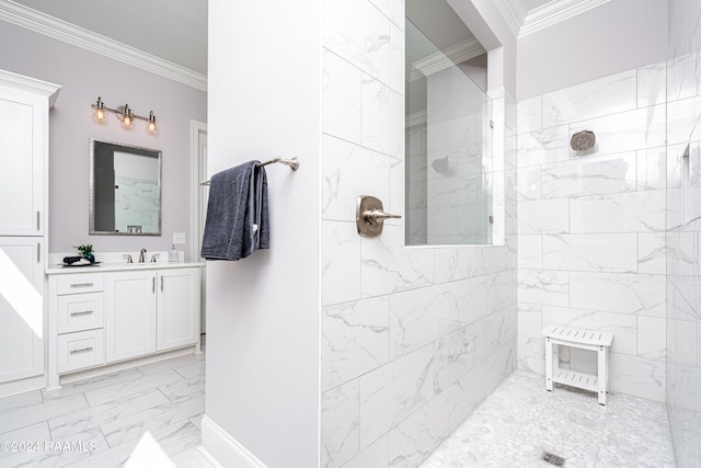 204 Treescape Dr, Lafayette, LA 70508 - full bathroom with crown molding, a walk in shower, vanity, and marble finish floor