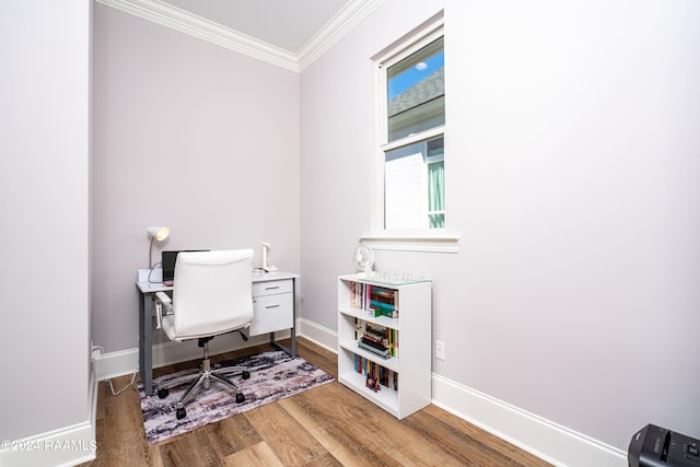 office space with crown molding and wood-type flooring