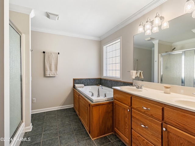 bathroom featuring vanity, crown molding, and shower with separate bathtub