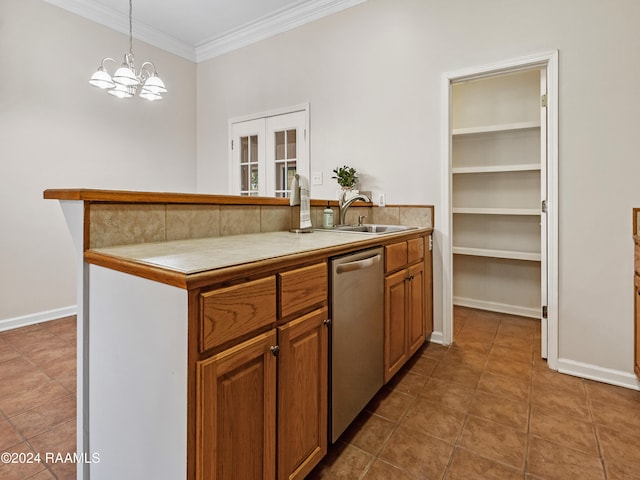 kitchen with hanging light fixtures, ornamental molding, dishwasher, a notable chandelier, and sink