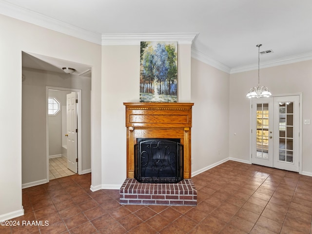 719 S Belle Cir, Breaux Bridge, LA 70517 - unfurnished living room with a fireplace, ornamental molding, dark tile patterned floors, and visible vents