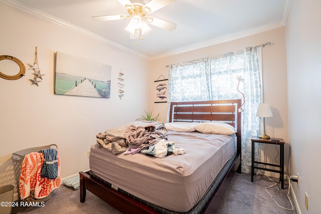 bedroom with dark carpet, ornamental molding, and ceiling fan