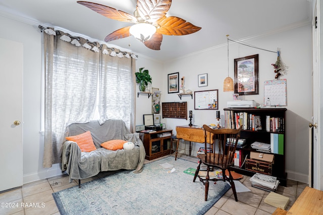 office featuring crown molding, ceiling fan, and tile patterned flooring