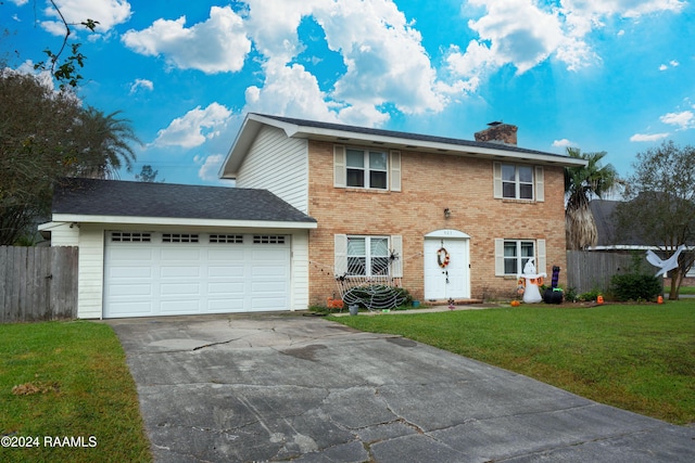 view of front of house with a front yard and a garage