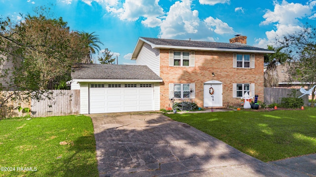 view of front facade featuring a front lawn and a garage