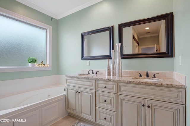 bathroom with vanity, ornamental molding, and a bathing tub