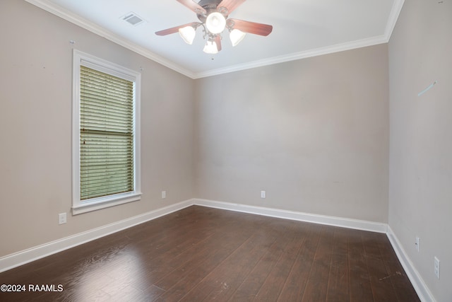 unfurnished room featuring ceiling fan, dark hardwood / wood-style floors, and crown molding