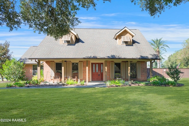 cape cod home featuring covered porch, a front yard, and brick siding