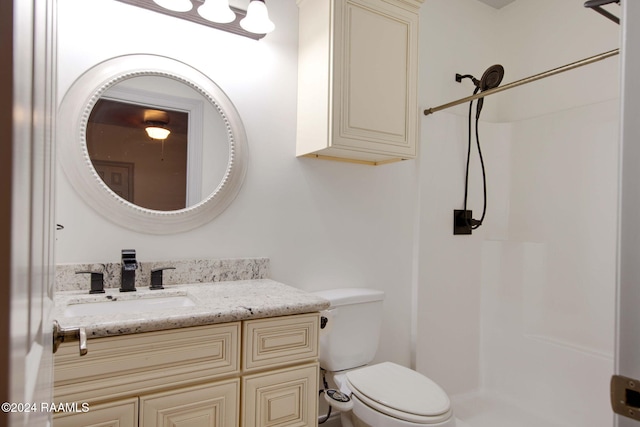 bathroom with vanity, toilet, and walk in shower