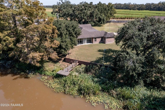 bird's eye view featuring a water view and a rural view