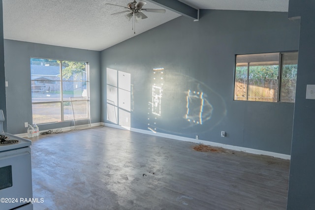 unfurnished living room featuring beam ceiling, a textured ceiling, high vaulted ceiling, and ceiling fan