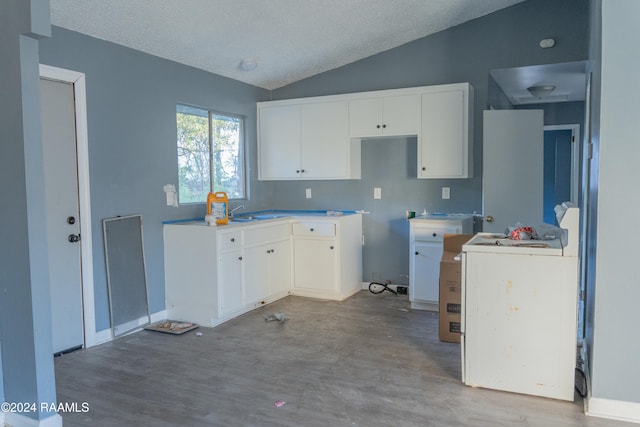 kitchen featuring vaulted ceiling, a textured ceiling, and white cabinetry