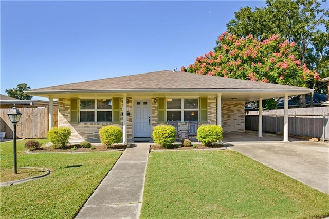 ranch-style home featuring an attached carport, brick siding, fence, and a front yard