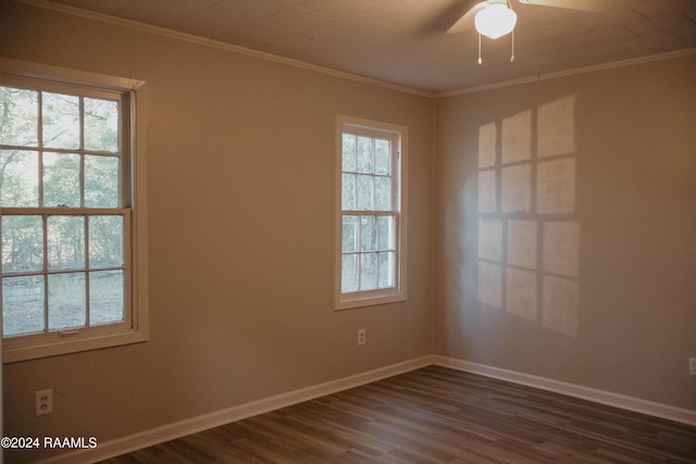 404 W Hickory St, Ville Platte, LA 70586 - unfurnished room with plenty of natural light, ornamental molding, dark wood finished floors, ceiling fan, and baseboards