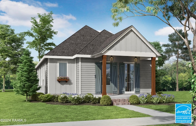 view of front of property with board and batten siding, a shingled roof, and a front yard