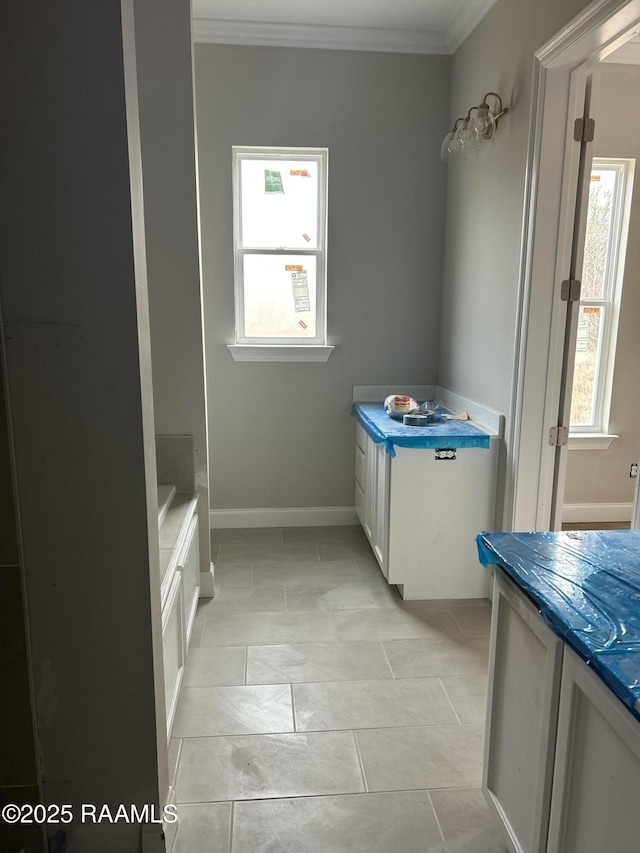 bathroom featuring ornamental molding and a tub