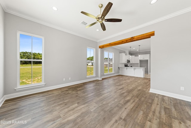 366 W Broussard Rd, Lafayette, LA 70506 - unfurnished living room with baseboards, ceiling fan, wood finished floors, recessed lighting, and crown molding
