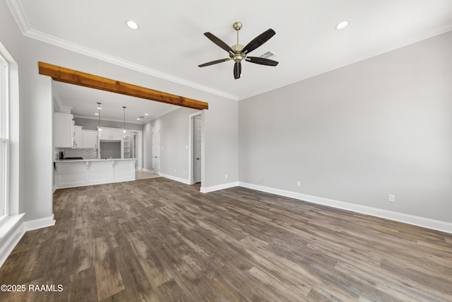 366 W Broussard Rd, Lafayette, LA 70506 - unfurnished living room with a ceiling fan, recessed lighting, dark wood-style floors, baseboards, and crown molding