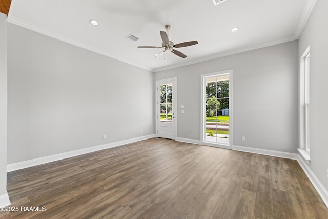 366 W Broussard Rd, Lafayette, LA 70506 - unfurnished room featuring wood finished floors, a ceiling fan, baseboards, recessed lighting, and crown molding