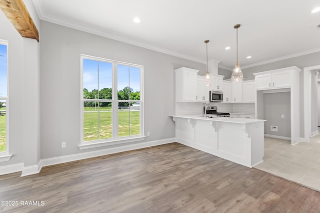 366 W Broussard Rd, Lafayette, LA 70506 - kitchen featuring appliances with stainless steel finishes, a peninsula, light countertops, healthy amount of natural light, and ornamental molding