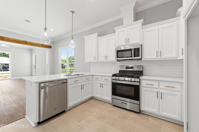 366 W Broussard Rd, Lafayette, LA 70506 - kitchen featuring stainless steel appliances, a sink, light countertops, healthy amount of natural light, and ornamental molding