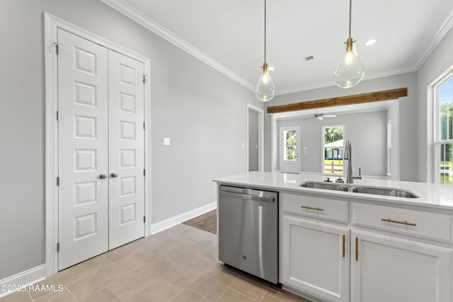 366 W Broussard Rd, Lafayette, LA 70506 - kitchen with dishwasher, a sink, white cabinetry, light countertops, and ornamental molding
