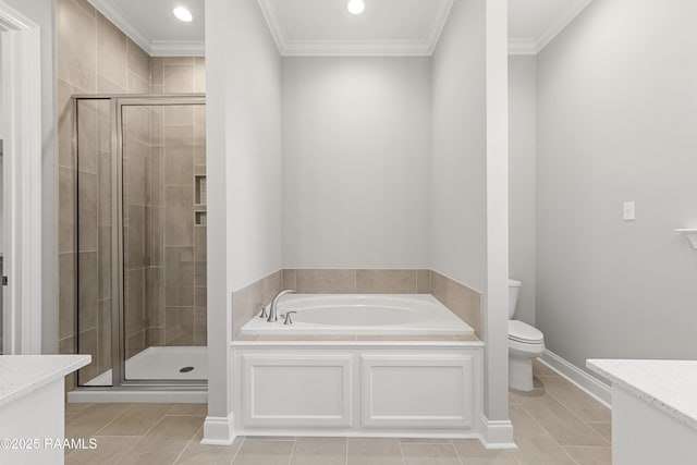 366 W Broussard Rd, Lafayette, LA 70506 - full bathroom with vanity, toilet, a garden tub, a stall shower, and crown molding