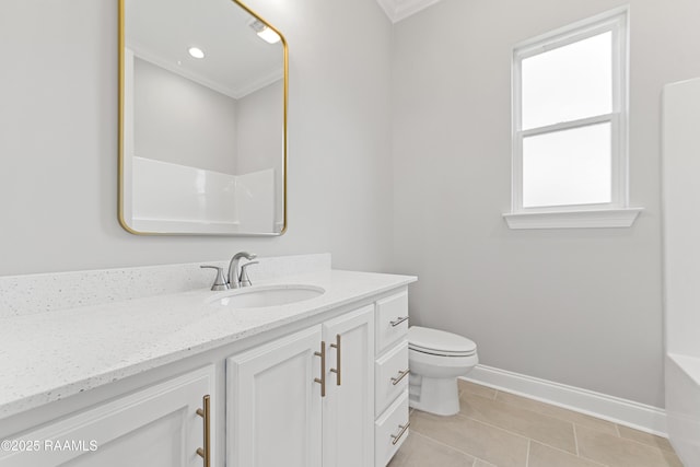 366 W Broussard Rd, Lafayette, LA 70506 - bathroom with vanity, crown molding, toilet, baseboards, and tile patterned floors