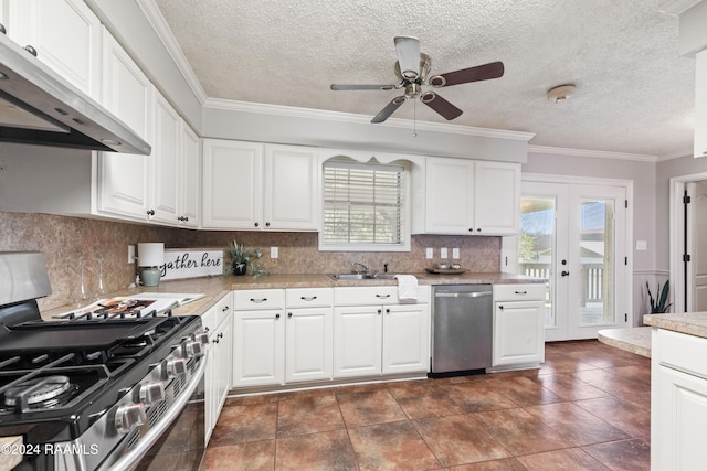 kitchen featuring appliances with stainless steel finishes, ornamental molding, ventilation hood, and white cabinets