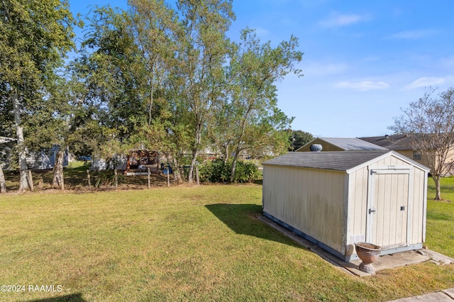 view of yard featuring a storage shed