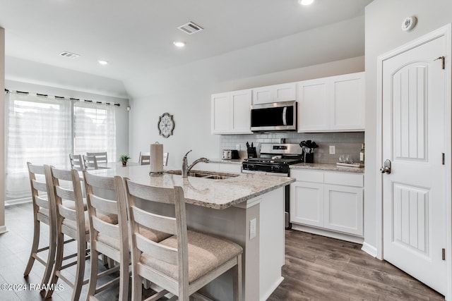 kitchen with sink, an island with sink, stainless steel appliances, and white cabinets