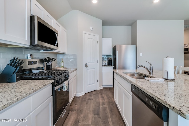 kitchen with white cabinets, backsplash, dark hardwood / wood-style floors, sink, and stainless steel appliances