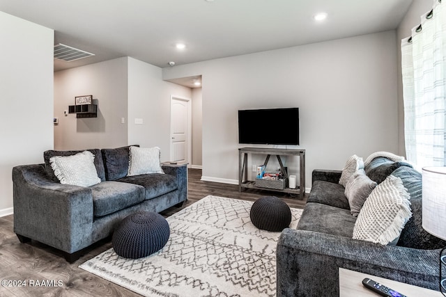 living room featuring dark wood-type flooring