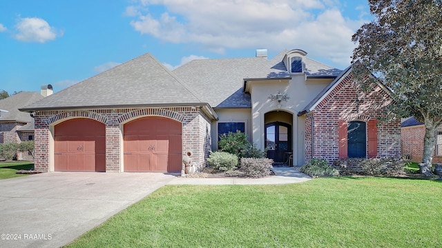 french country inspired facade featuring a front yard and a garage