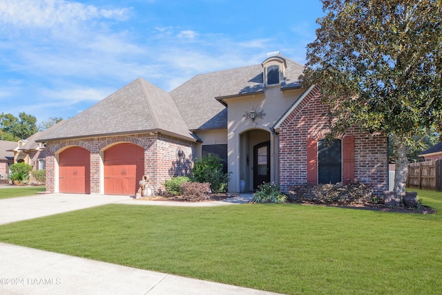 french country style house featuring a front lawn and a garage