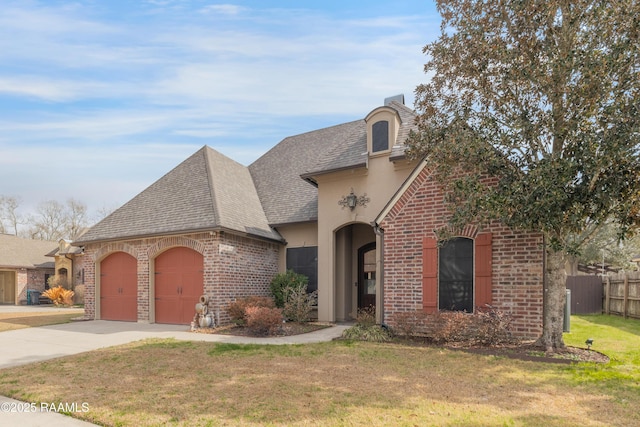 french provincial home featuring a garage and a front yard