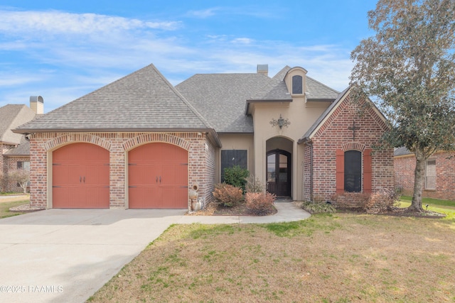 french country inspired facade with a garage and a front yard