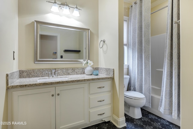 full bathroom with shower / bathtub combination with curtain, vanity, and toilet