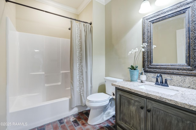 full bathroom featuring shower / bath combination with curtain, ornamental molding, toilet, and vanity