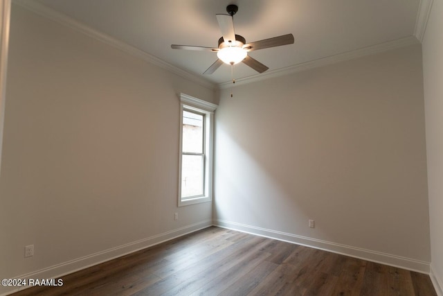 empty room featuring hardwood / wood-style floors, ceiling fan, and crown molding