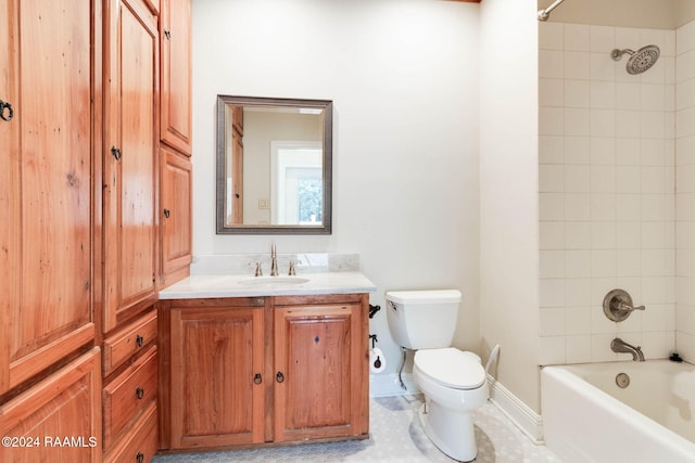 full bathroom with toilet, tiled shower / bath combo, vanity, and tile patterned floors