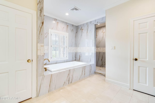 bathroom with tile patterned flooring, shower with separate bathtub, and crown molding