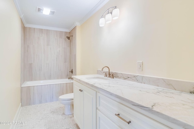 full bathroom with vanity, toilet, tiled shower / bath, and crown molding