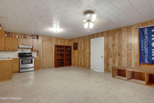 unfurnished living room with wooden walls and sink