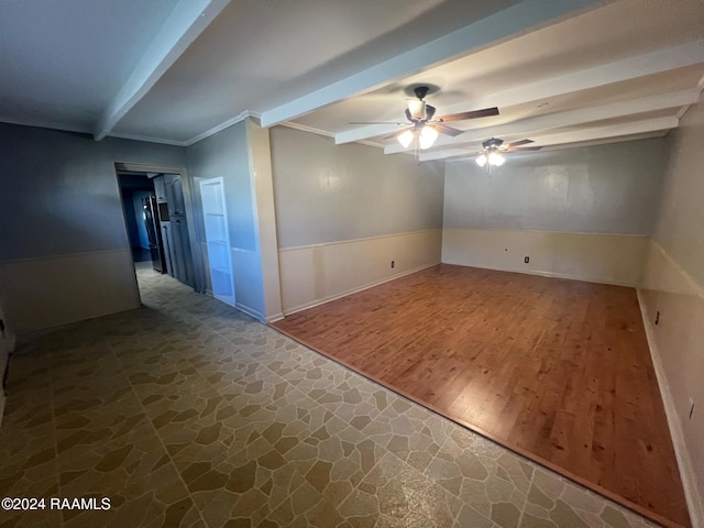 spare room featuring beamed ceiling, ornamental molding, dark hardwood / wood-style floors, and ceiling fan