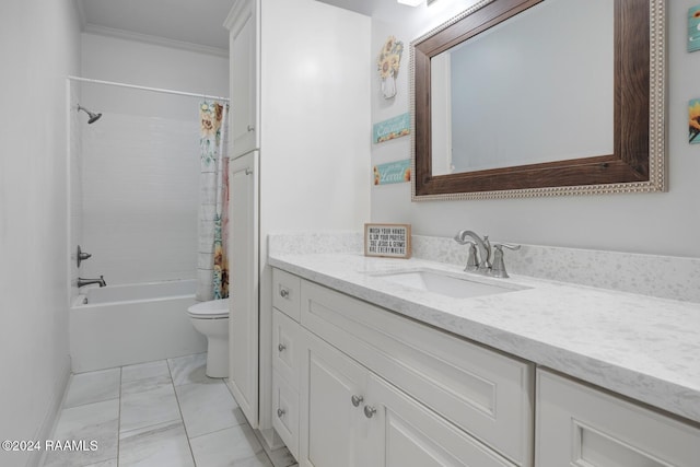 full bathroom featuring vanity, toilet, crown molding, and shower / bathtub combination with curtain