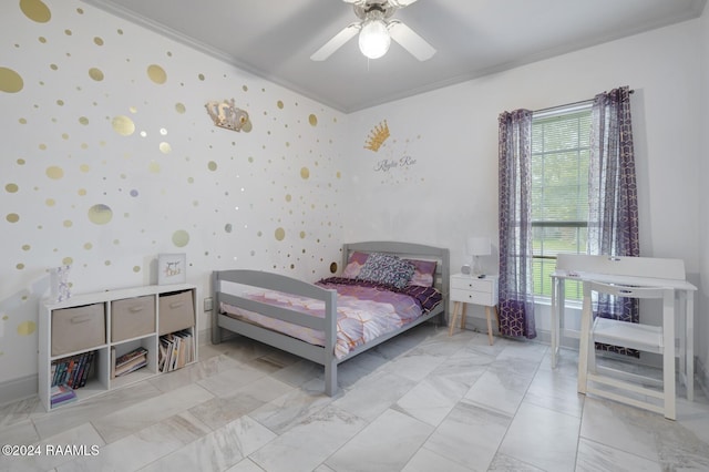 bedroom featuring ceiling fan and crown molding