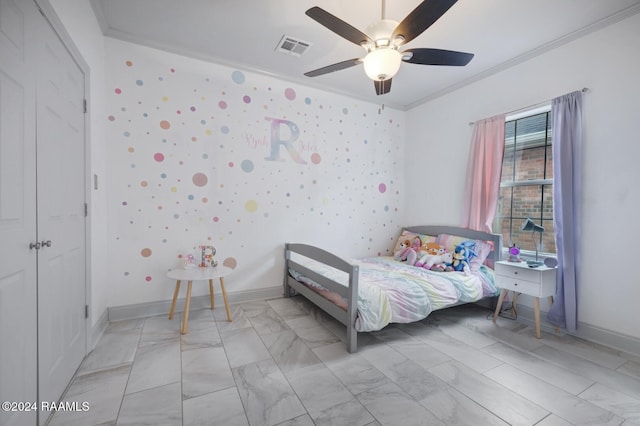 unfurnished bedroom featuring ornamental molding and ceiling fan